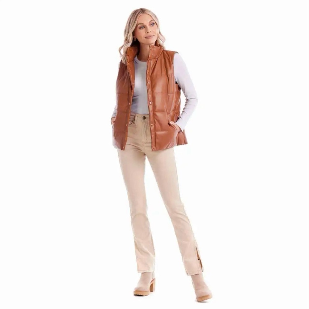 Mud Pie Puffer Faux Leather Vest, Size M, Chocolate Brown Popular Color - Picture 4 of 9